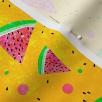 Watermelon yellow magic, textures slices and seeds dots and beautiful colors on yellow background