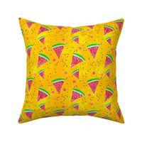 Watermelon yellow magic, textures slices and seeds dots and beautiful colors on yellow background