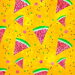 Watermelon yellow magic, textures slices and seeds dots and beautiful colors on yellow background