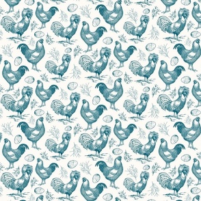 Vintage Chickens and Eggs in Blue