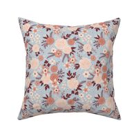 Crysanthemum floral light blue & maroon - small