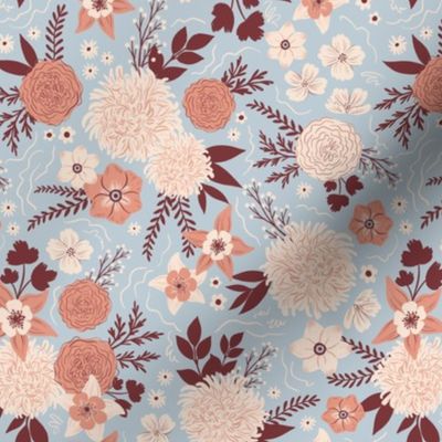 Crysanthemum floral light blue & maroon - small