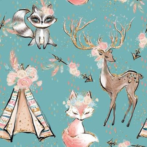 Boho Forest Friends Teal deer fox racoon tent gold sparkles