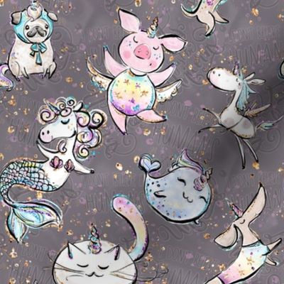 Unicorns Pug Pig Cat Horse Dog Sparkles on Gray