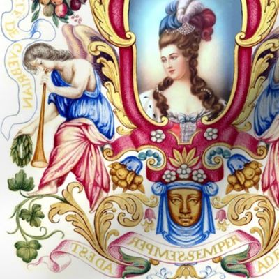 Marie Antoinette inspired beautiful female woman princess queen baroque rococo Victorian lady flowers roses angels lady fruits crowns trumpets leaf wings leaves flourish medallion vines coat of arms herald feathers pouf 18th century faces frame border Bou