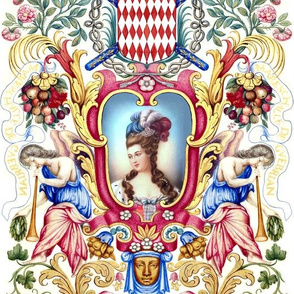 Marie Antoinette inspired beautiful female woman princess queen baroque rococo Victorian lady flowers roses angels lady fruits crowns trumpets leaf wings leaves flourish medallion vines coat of arms herald feathers pouf 18th century faces frame border Bou