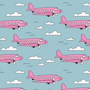 Safe travels vintage plane ride sky big birds and clouds girls pink blue