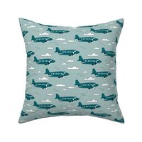 Safe travels vintage plane ride sky big birds and clouds boys winter blue teal