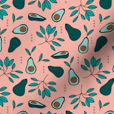 Avocado summer garden leaves and farmer's market design peach green