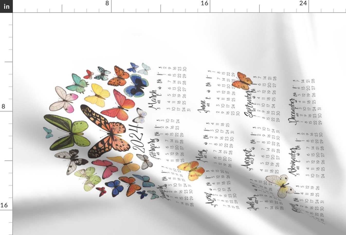 2024 Watercolor Butterflies Tea Towel Calendar