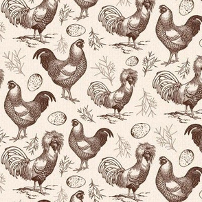 Vintage Chickens and Eggs in Brown