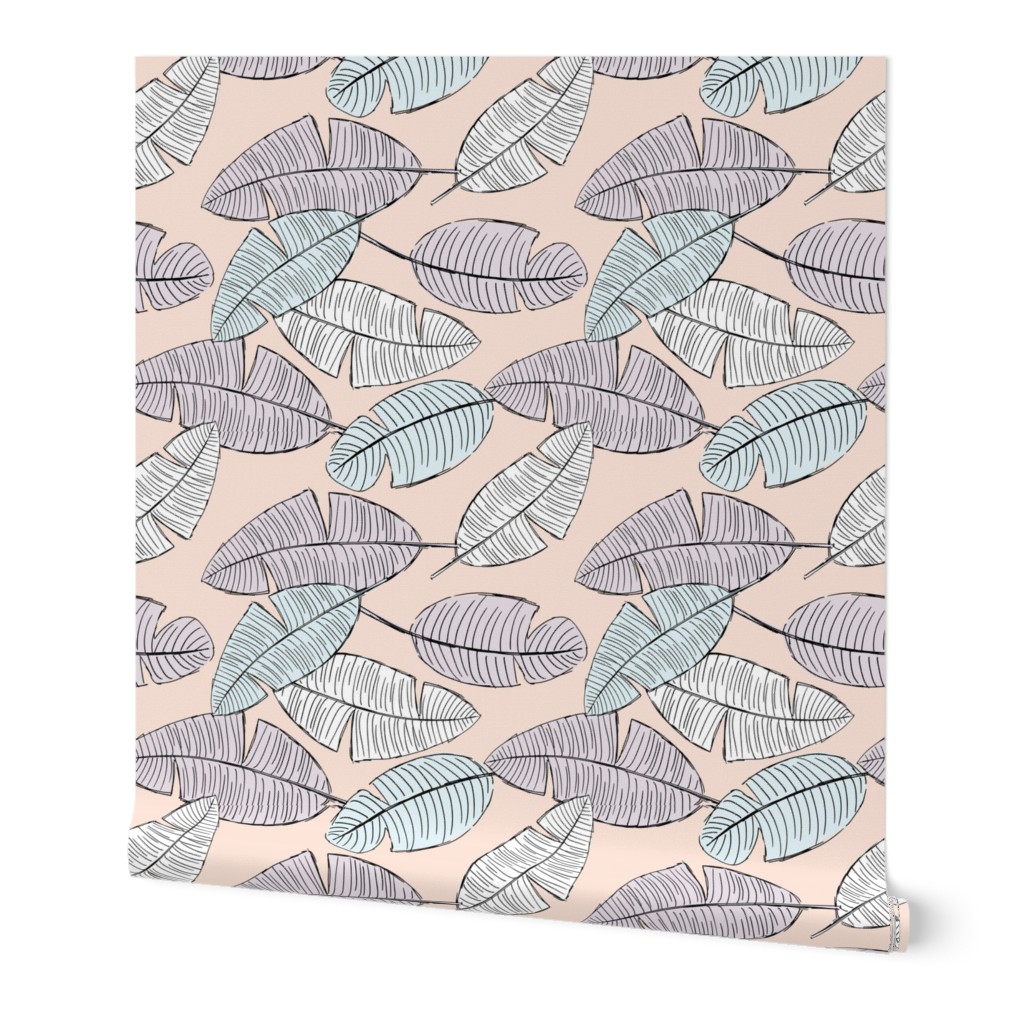 Lush autumn leaves palm tree leaf garden summer vibes and surf beach dreams soft pastel pink pale gray