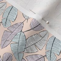 Lush autumn leaves palm tree leaf garden summer vibes and surf beach dreams soft pastel pink pale gray