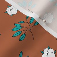 Lush autumn delicate garden leaves and cotton balls flowers botanical print teal rust copper brown