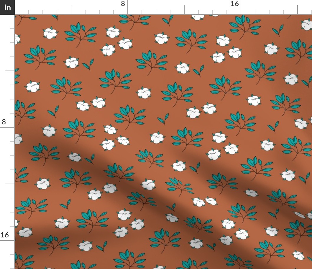 Lush autumn delicate garden leaves and cotton balls flowers botanical print teal rust copper brown