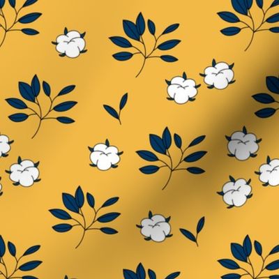 Lush autumn delicate garden leaves and cotton balls flowers botanical print ochre navy blue