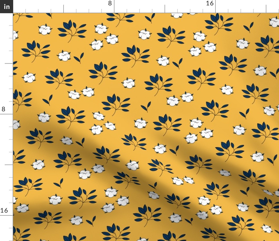 Lush autumn delicate garden leaves and cotton balls flowers botanical print ochre navy blue