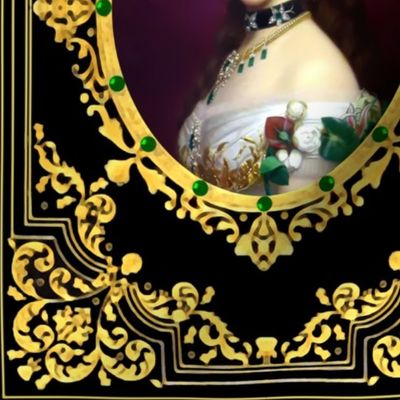 2 queens princesses crowns white gowns tiaras baroque victorian beauty royalty emerald diamonds necklaces chokers off-shoulder gold gilt frame flourishes filigree ornate black medallion flowers floral bows empresses ballgowns rococo royal portraits beauti