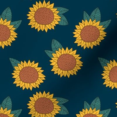 Sweet sunflower and leaves botanical autumn winter garden soft neutral navy blue yellow