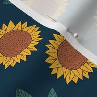 Sweet sunflower and leaves botanical autumn winter garden soft neutral navy blue yellow