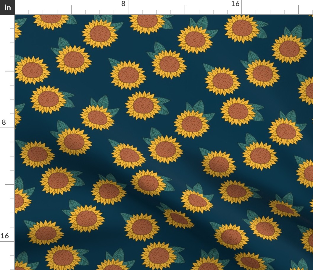 Sweet sunflower and leaves botanical autumn winter garden soft neutral navy blue yellow