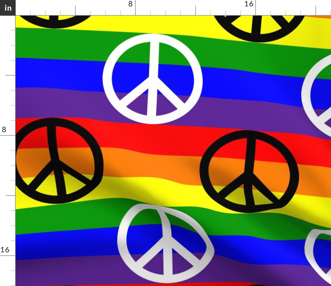 Six Inch Black and White Peace Signs on Horizontal Rainbow Stripes