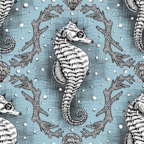 Seahorse Damask - Powder Blue 