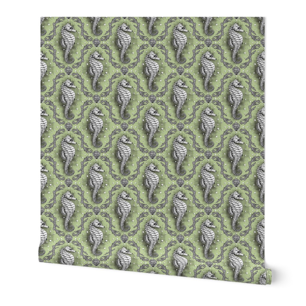 Seahorse Damask - Sea Glass Green