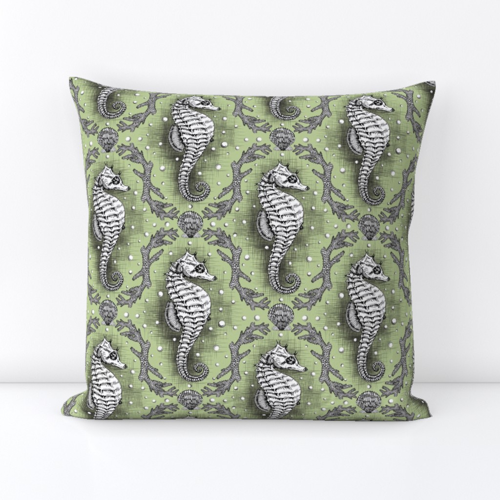 Seahorse Damask - Sea Glass Green