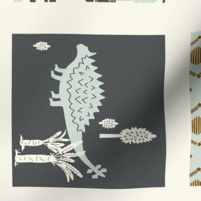 Dinosaur Cheater Quilt - ROTATED - Geometric, Slate, Copper, Light Blue, Cream, 