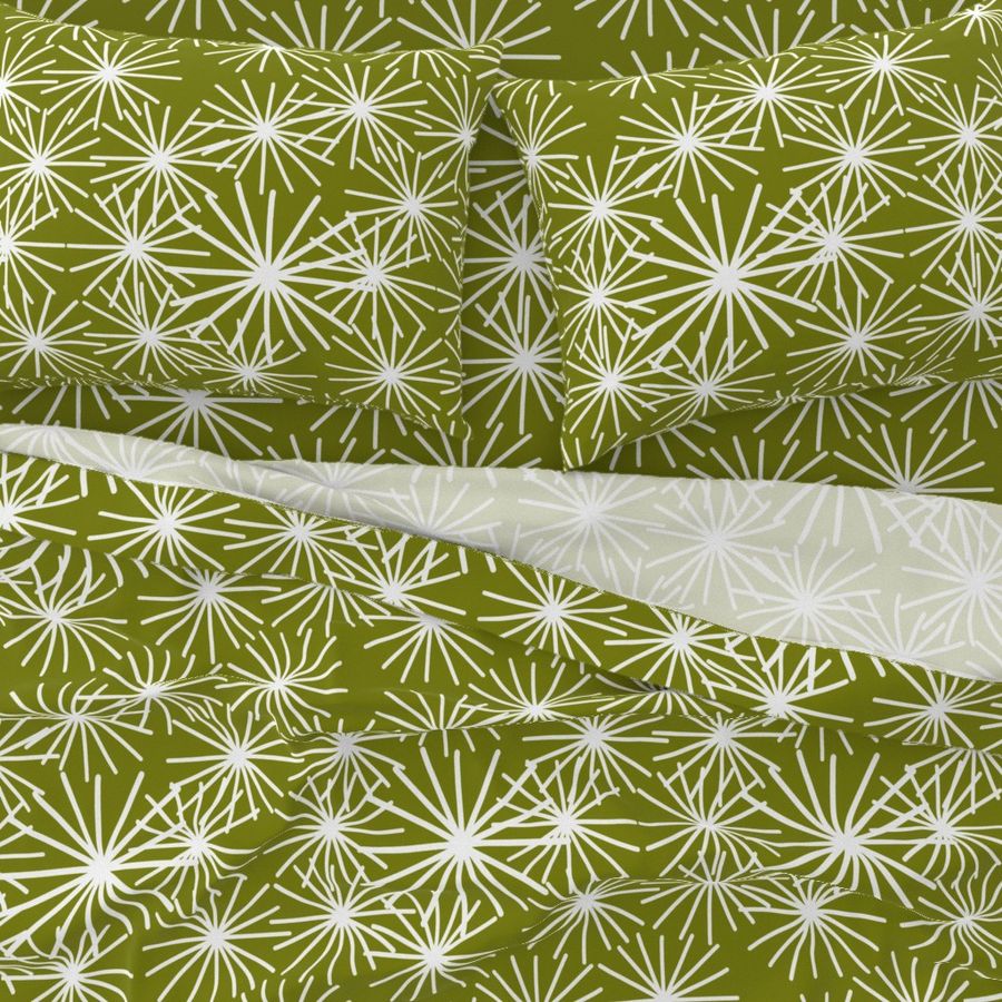 Mid Century Starburst Chic! White on olive green 