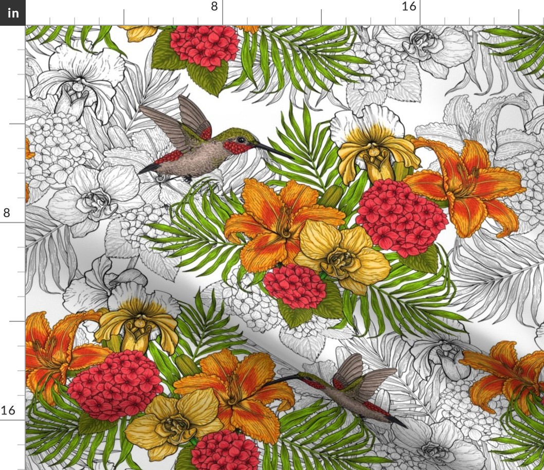 Hummingbirds and tropical bouquet