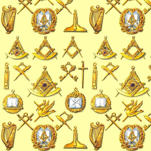 2 Illuminati Freemasons Masonic rituals set square compass gold yellow badges medals Eye of Providence all seeing eye of God keys quills pens doves olive branch harps books swords jewelry pendants emblems symbols books bible laurel wreaths sextant quadran