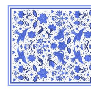 Folk art tea towel blue