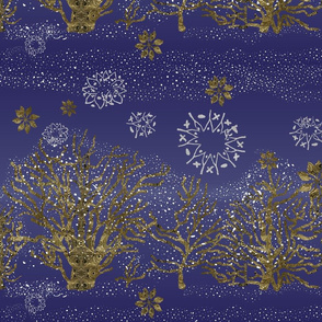 Gold Winter Flora with SnowFlakes on Blue