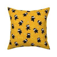 Ninja Cats with Star Power - Medium Large - Yellow Background Martial Arts Super Hero