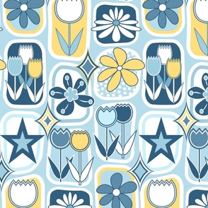 Mid Century Modern Flowers // Tulips, Daisies, Stars // Slate Blue, Denim Blue, Yellow and White // V2