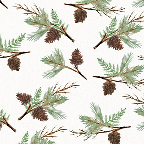 Winter Evergreen and Pinecones Watercolor pattern