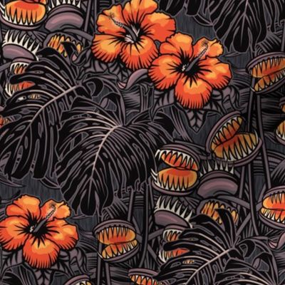 ★ TROPICAL NIGHT ★ Carnivorous Plant, Hibiscus & Monstera / Orange + Grayish Plum, Small Scale / Collection : It’s a Jungle Out There – Savage Hawaiian Prints