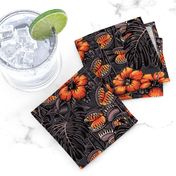 ★ TROPICAL NIGHT ★ Carnivorous Plant, Hibiscus & Monstera / Orange + Grayish Plum, Small Scale / Collection : It’s a Jungle Out There – Savage Hawaiian Prints