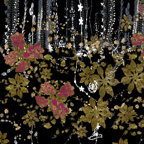 Lavender Berries & Gold Poinsettia Winter Floral on Black with Vertical Grasses