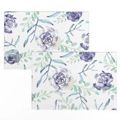 Blue Green Violet Watercolor Roses and Greenery