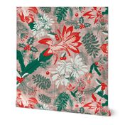 Botanical Winter Wonder with Christmas cactus, Snow Flake, Pine Cones and Holly- Red, Green, White Rose Quartz, Emerald- Large Scale