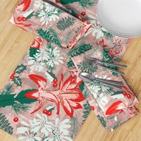 Botanical Winter Wonder with Christmas cactus, Snow Flake, Pine Cones and Holly- Red, Green, White Rose Quartz, Emerald- Large Scale