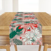 Botanical Winter Wonder with Christmas cactus, Snow Flake, Pine Cones and Holly- Red, Green, White Rose Quartz, Emerald- Large Scale