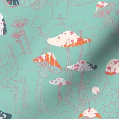 Magic Mushroom Forest teal background, turquoise background, modern forest, livingroom wallpaper