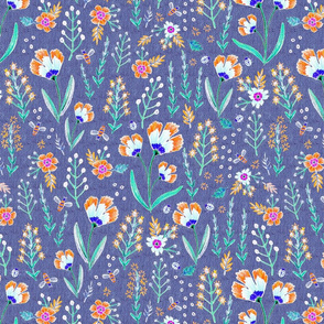 Meadow on blue with orange flowers