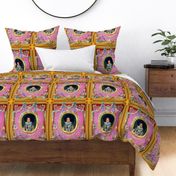 1 victorian baroque renaissance portraits tudor young black woman lady girl teenager african descent POC people of color WOC afro hairstyle hair  textured pink roses floral Queen Elizabeth 1 inspired princess garlands medallions swags blue bows gold frame