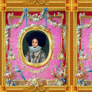 1 victorian baroque renaissance portraits tudor young black woman lady girl teenager african descent POC people of color WOC afro hairstyle hair  textured pink roses floral Queen Elizabeth 1 inspired princess garlands medallions swags blue bows gold frame