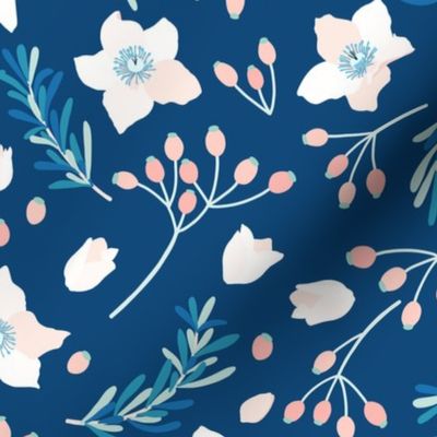 Hellebore Rosemary Hips Winter Floral large scale in blues and pinks large scale by Pippa Shaw